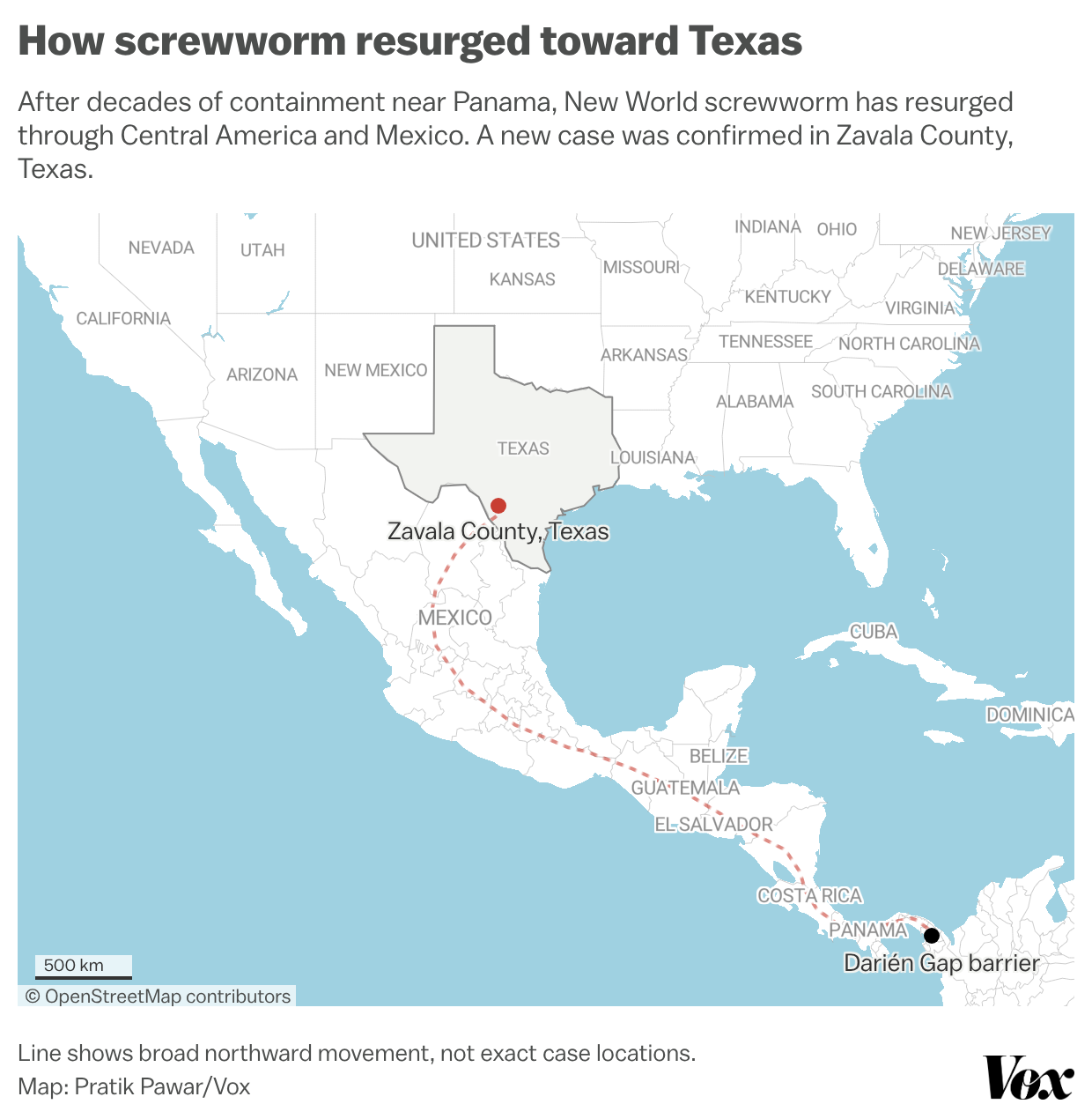 Map showing New World screwworm's northward movement from Panama through Central America and Mexico toward Texas.